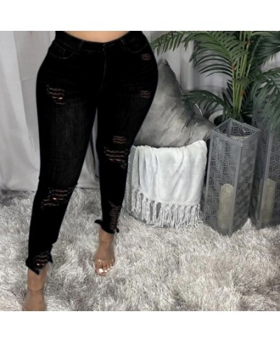 Light Blue Ripped Jeans for Women Street Style Sexy Mid Rise Distressed Trouser Stretch Skinny Hole Denim Pencil Pants $40.35...