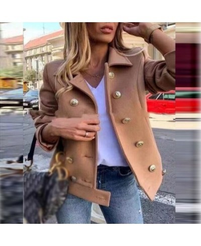 Fashion Solid Lapel Double-breasted Short Coat Autumn Casual Long Sleeve Slim Outerwear Elegant Winter Commuter Wool Jackets ...