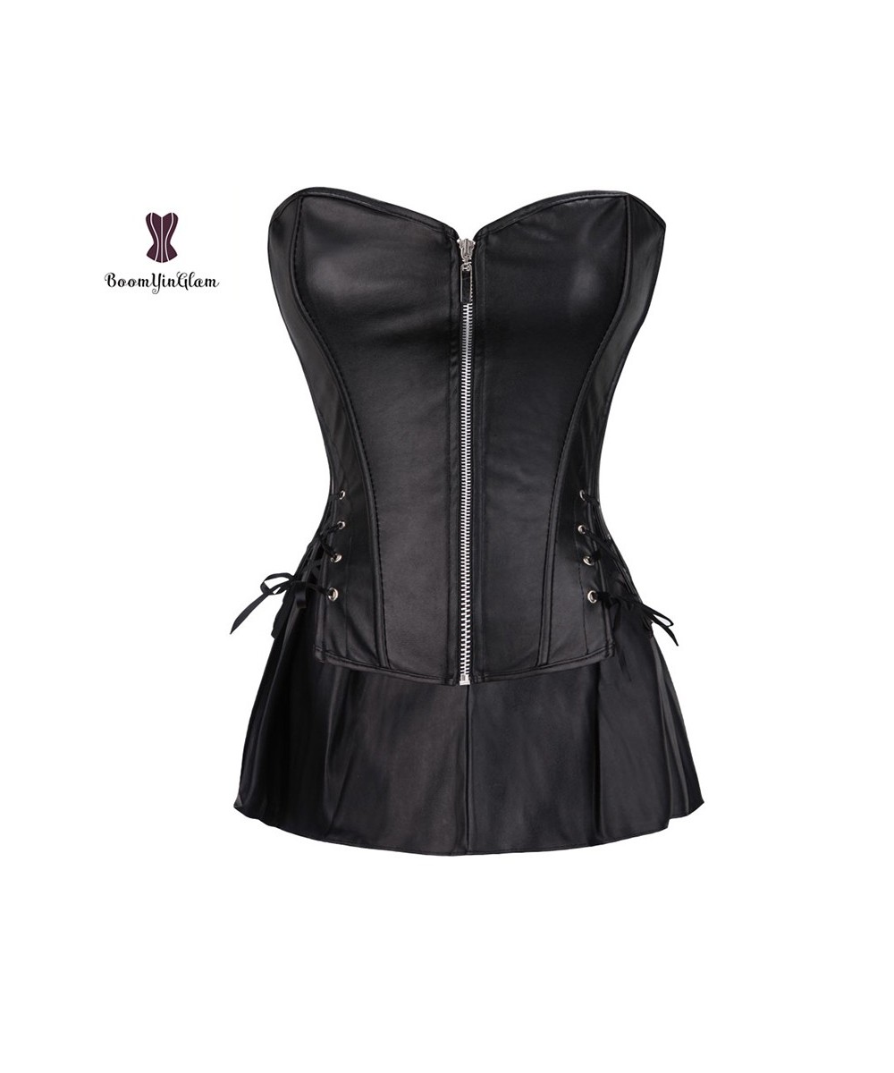 wholesale price fashion design sexy bustier front zipper leather corselect dress corset with min skirt plus size s-6xl Dresse...