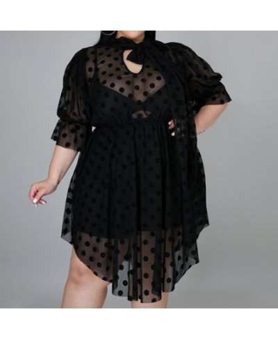 Sexy Plus Size Mesh Hollow Perspective Irregularity Pullover Half Sleeve Spring Summer Bandage Black Polka Dot Women Midi Dre...