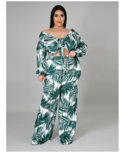 Women Plus Size Set Print Full Sleeve Bandage Crop Tops Wide Leg Loose Pants Two 2 Piece Sets Tracksuit Summer Outfits $56.75...