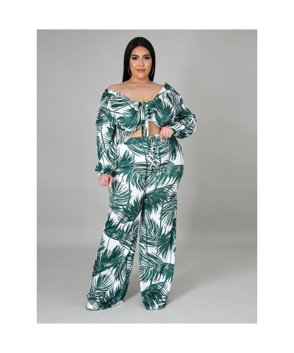 Women Plus Size Set Print Full Sleeve Bandage Crop Tops Wide Leg Loose Pants Two 2 Piece Sets Tracksuit Summer Outfits $56.75...