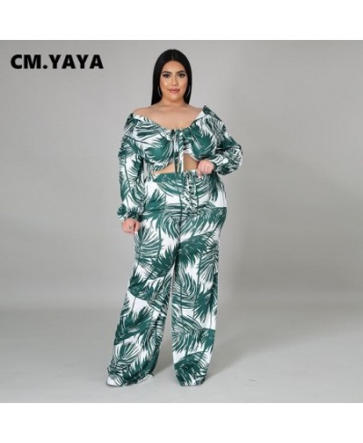 Women Plus Size Set Print Full Sleeve Bandage Crop Tops Wide Leg Loose Pants Two 2 Piece Sets Tracksuit Summer Outfits $56.75...