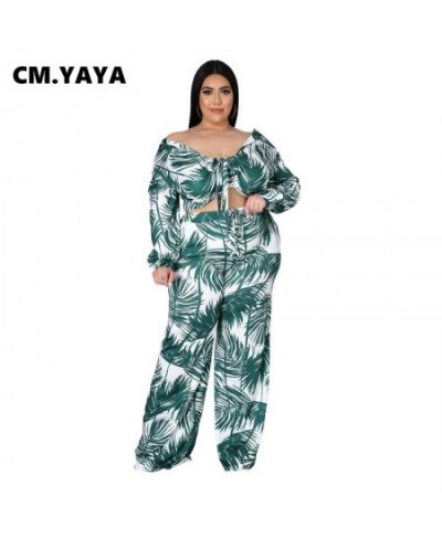 Women Plus Size Set Print Full Sleeve Bandage Crop Tops Wide Leg Loose Pants Two 2 Piece Sets Tracksuit Summer Outfits $56.75...