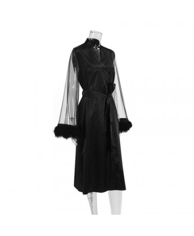 Knitted Feather Nightgown Long Lace Velvet Warm Pajamas Women's Home Black Long-sleeved Bathrobe Cardigan $64.53 - Sleepwears