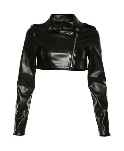 Slim Cropped Leather Jacket Women Streetwear Long Sleeve Zipper Black PU Leather Motorcycle Jackets 2023 Tops Coat $45.31 - J...