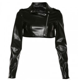 Slim Cropped Leather Jacket Women Streetwear Long Sleeve Zipper Black PU Leather Motorcycle Jackets 2023 Tops Coat $45.31 - J...