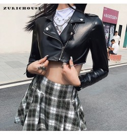 Slim Cropped Leather Jacket Women Streetwear Long Sleeve Zipper Black PU Leather Motorcycle Jackets 2023 Tops Coat $45.31 - J...