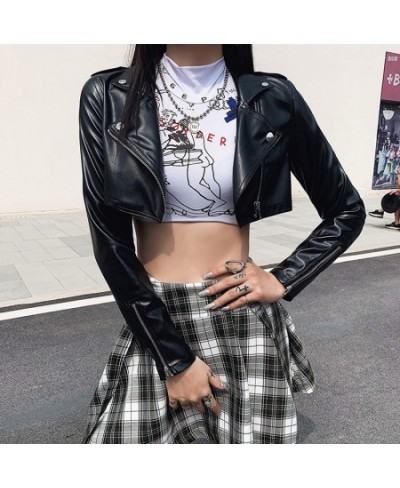 Slim Cropped Leather Jacket Women Streetwear Long Sleeve Zipper Black PU Leather Motorcycle Jackets 2023 Tops Coat $45.31 - J...