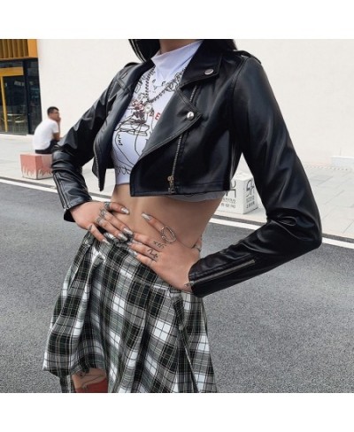 Slim Cropped Leather Jacket Women Streetwear Long Sleeve Zipper Black PU Leather Motorcycle Jackets 2023 Tops Coat $45.31 - J...