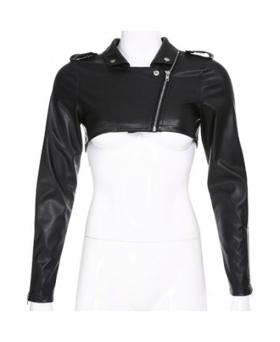 Slim Cropped Leather Jacket Women Streetwear Long Sleeve Zipper Black PU Leather Motorcycle Jackets 2023 Tops Coat $45.31 - J...