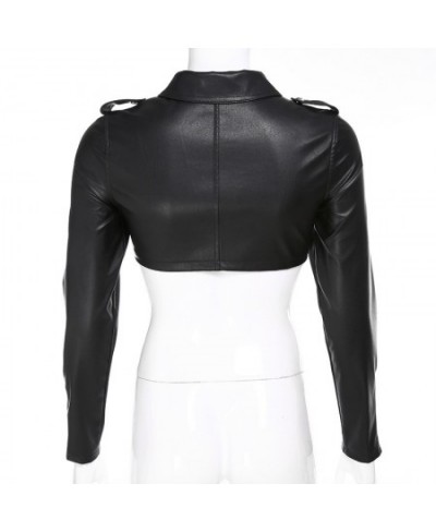 Slim Cropped Leather Jacket Women Streetwear Long Sleeve Zipper Black PU Leather Motorcycle Jackets 2023 Tops Coat $45.31 - J...