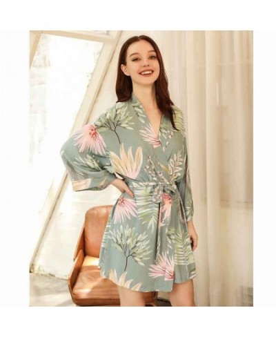 2022 Spring New Ladies Soft Loose Robe Simple Style Floral Printed Women Elegant Comfort Sexy V-Neck Knee Length Sleep Dress ...