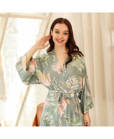 2022 Spring New Ladies Soft Loose Robe Simple Style Floral Printed Women Elegant Comfort Sexy V-Neck Knee Length Sleep Dress ...