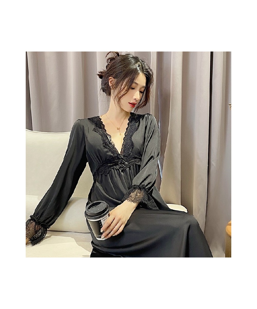 2023 Summer Long Sleeve Sexy Lace Lingerie V-neck Silk Satin Nightgowns for Women Korean Sleepwear Night Dress Nightdress $44...