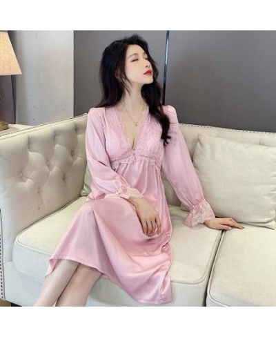 2023 Summer Long Sleeve Sexy Lace Lingerie V-neck Silk Satin Nightgowns for Women Korean Sleepwear Night Dress Nightdress $44...