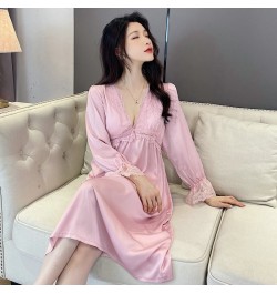 2023 Summer Long Sleeve Sexy Lace Lingerie V-neck Silk Satin Nightgowns for Women Korean Sleepwear Night Dress Nightdress $44...