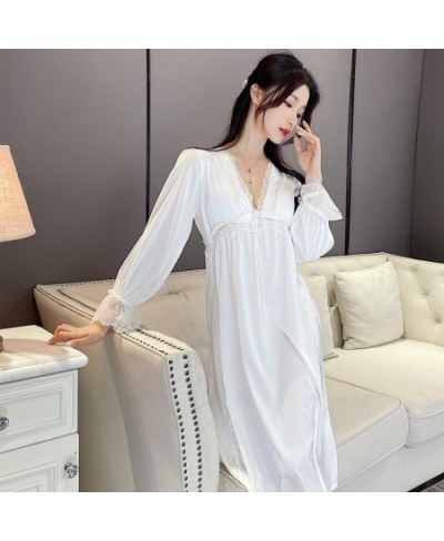 2023 Summer Long Sleeve Sexy Lace Lingerie V-neck Silk Satin Nightgowns for Women Korean Sleepwear Night Dress Nightdress $44...