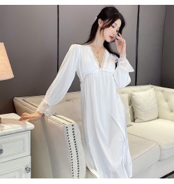 2023 Summer Long Sleeve Sexy Lace Lingerie V-neck Silk Satin Nightgowns for Women Korean Sleepwear Night Dress Nightdress $44...