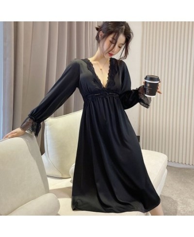 2023 Summer Long Sleeve Sexy Lace Lingerie V-neck Silk Satin Nightgowns for Women Korean Sleepwear Night Dress Nightdress $44...