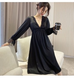 2023 Summer Long Sleeve Sexy Lace Lingerie V-neck Silk Satin Nightgowns for Women Korean Sleepwear Night Dress Nightdress $44...