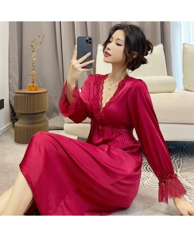 2023 Summer Long Sleeve Sexy Lace Lingerie V-neck Silk Satin Nightgowns for Women Korean Sleepwear Night Dress Nightdress $44...