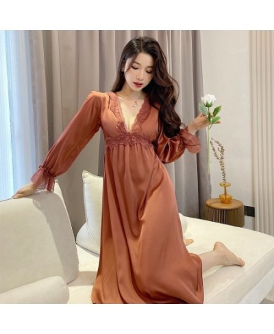 2023 Summer Long Sleeve Sexy Lace Lingerie V-neck Silk Satin Nightgowns for Women Korean Sleepwear Night Dress Nightdress $44...