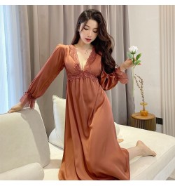 2023 Summer Long Sleeve Sexy Lace Lingerie V-neck Silk Satin Nightgowns for Women Korean Sleepwear Night Dress Nightdress $44...