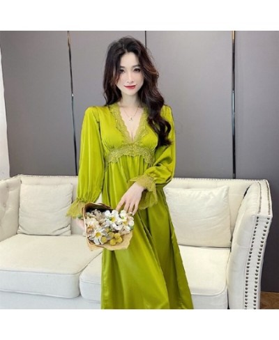 2023 Summer Long Sleeve Sexy Lace Lingerie V-neck Silk Satin Nightgowns for Women Korean Sleepwear Night Dress Nightdress $44...