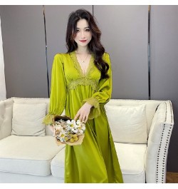 2023 Summer Long Sleeve Sexy Lace Lingerie V-neck Silk Satin Nightgowns for Women Korean Sleepwear Night Dress Nightdress $44...