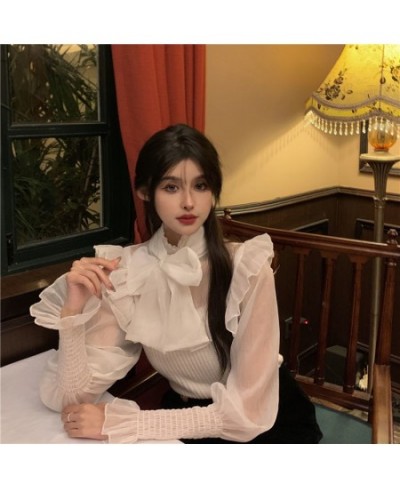 Blouses Women Patchwork Elegant Sexy Long Sleeve Fashion Ruffles Slim Spring Chiffon Vintage New All-match Casual Retro Korea...