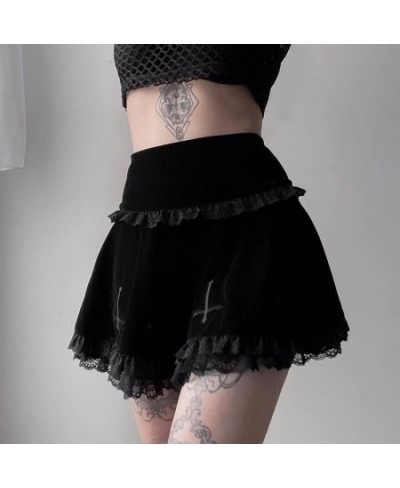 Goth Dark Mall Gothic Aesthetic Velvet Pleated Mini Skirts Women Vintage Harajuku Emo Alt Clothes High Waist Lace Ruffles Ski...