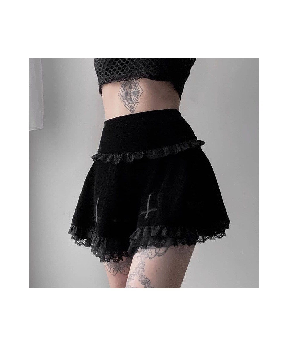 Goth Dark Mall Gothic Aesthetic Velvet Pleated Mini Skirts Women Vintage Harajuku Emo Alt Clothes High Waist Lace Ruffles Ski...