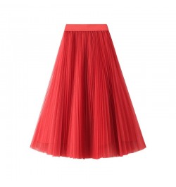 Women Pleated Tulle Skirt Spring Summer 2022 New High Waist Mesh Long Maxi Skirt Female Red Black Blue Adult Tutu Skirt $28.3...