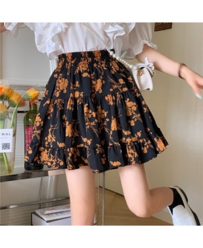 Summer Flower Leopard Print Pleated Short Mini Skirt Women Vintage Casual Elastic High Waist Girl Student A-Line Cake Skirts ...