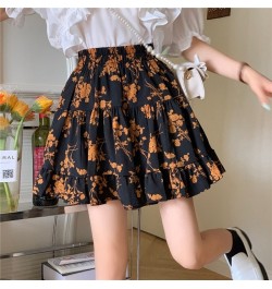 Summer Flower Leopard Print Pleated Short Mini Skirt Women Vintage Casual Elastic High Waist Girl Student A-Line Cake Skirts ...