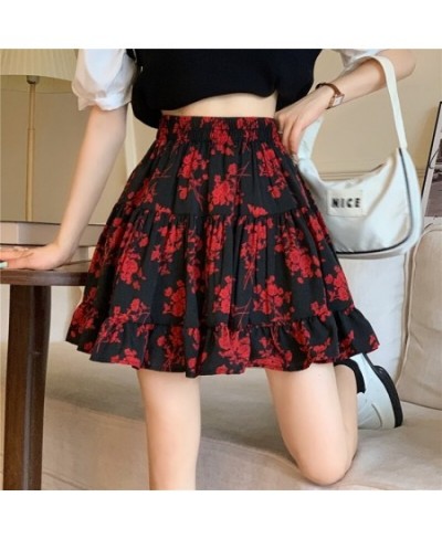 Summer Flower Leopard Print Pleated Short Mini Skirt Women Vintage Casual Elastic High Waist Girl Student A-Line Cake Skirts ...