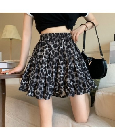 Summer Flower Leopard Print Pleated Short Mini Skirt Women Vintage Casual Elastic High Waist Girl Student A-Line Cake Skirts ...