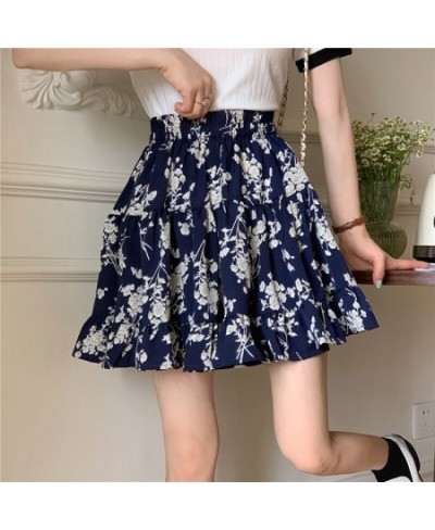 Summer Flower Leopard Print Pleated Short Mini Skirt Women Vintage Casual Elastic High Waist Girl Student A-Line Cake Skirts ...