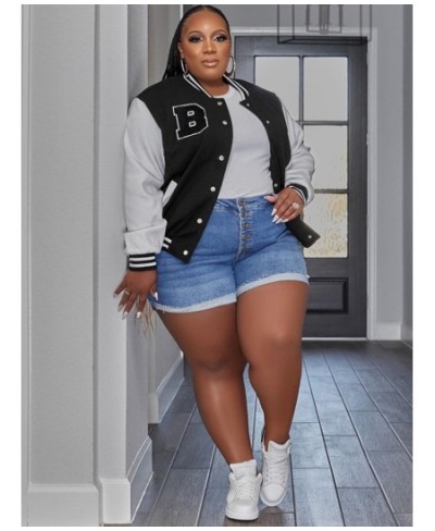 Plus Size Color Block Letter Spliced Baseball Jackets for Female Round Neck Long Sleeve Single Breasted Oversize Coats $48.93...