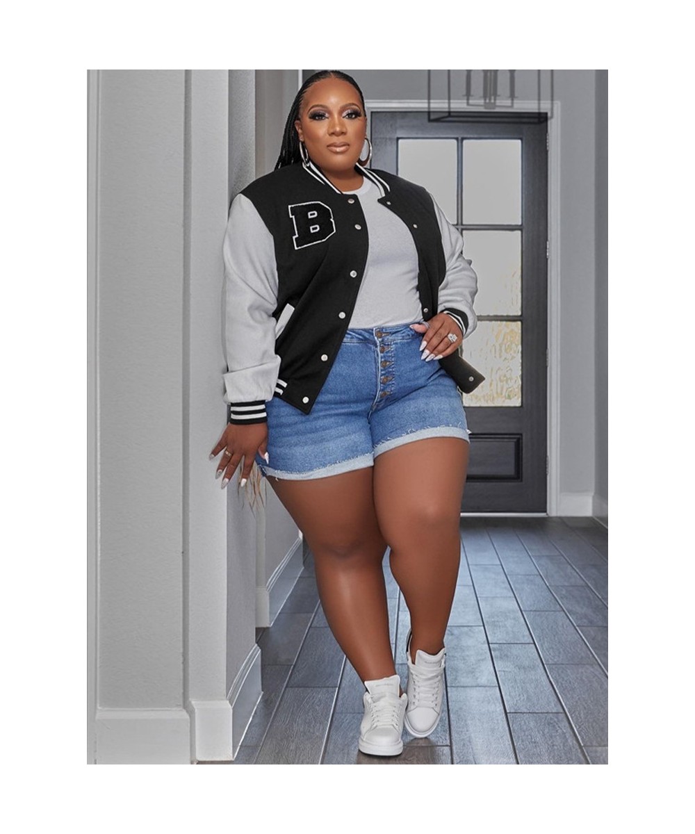 Plus Size Color Block Letter Spliced Baseball Jackets for Female Round Neck Long Sleeve Single Breasted Oversize Coats $48.93...