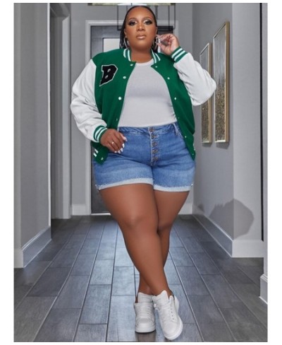 Plus Size Color Block Letter Spliced Baseball Jackets for Female Round Neck Long Sleeve Single Breasted Oversize Coats $48.93...