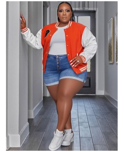 Plus Size Color Block Letter Spliced Baseball Jackets for Female Round Neck Long Sleeve Single Breasted Oversize Coats $48.93...