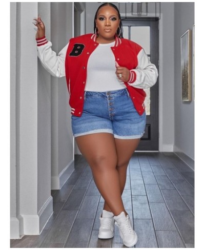 Plus Size Color Block Letter Spliced Baseball Jackets for Female Round Neck Long Sleeve Single Breasted Oversize Coats $48.93...