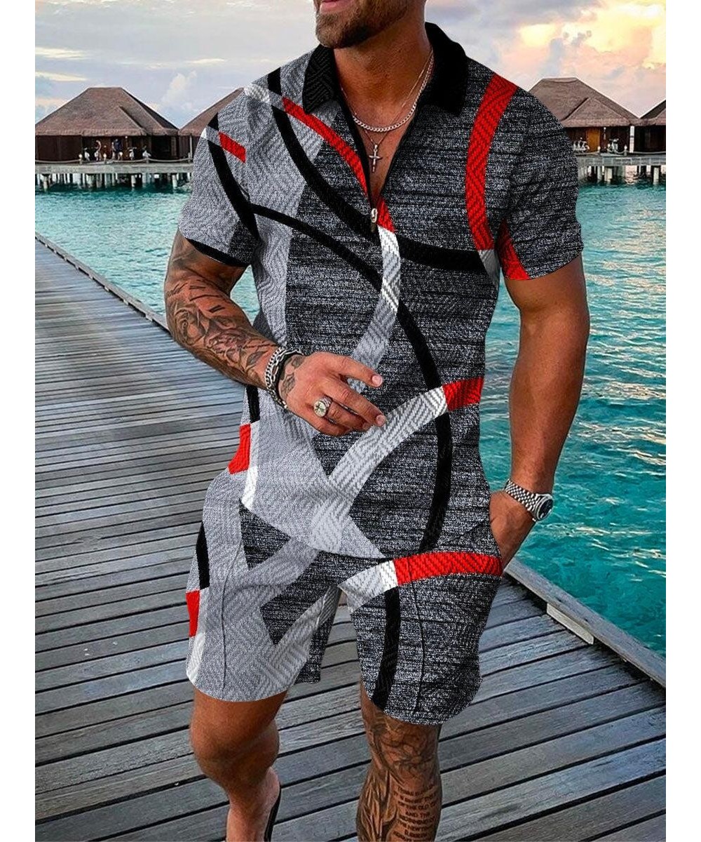 Men's Polo Suit Fashion Men Summer Tracksuit Oversized V-neck Zipper Short Sleeve POLO Shirt+Shorts Casual Two Pieces Sets $4...