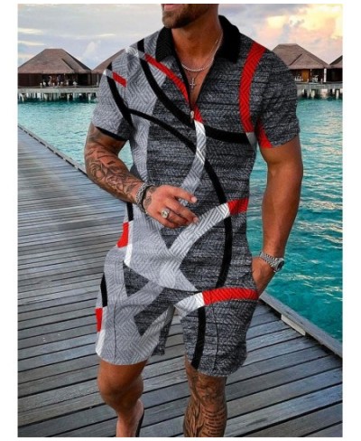 Men's Polo Suit Fashion Men Summer Tracksuit Oversized V-neck Zipper Short Sleeve POLO Shirt+Shorts Casual Two Pieces Sets $4...