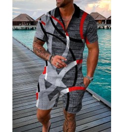 Men's Polo Suit Fashion Men Summer Tracksuit Oversized V-neck Zipper Short Sleeve POLO Shirt+Shorts Casual Two Pieces Sets $4...