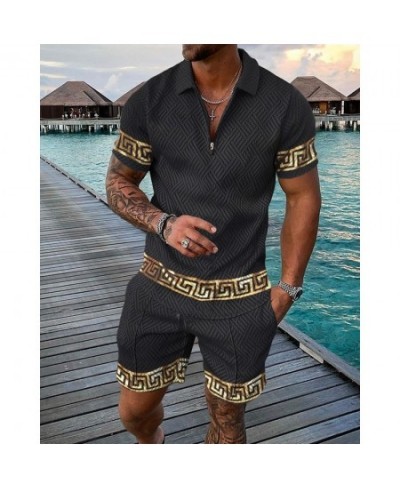 Men's Polo Suit Fashion Men Summer Tracksuit Oversized V-neck Zipper Short Sleeve POLO Shirt+Shorts Casual Two Pieces Sets $4...