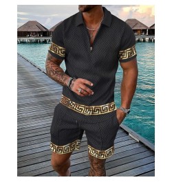 Men's Polo Suit Fashion Men Summer Tracksuit Oversized V-neck Zipper Short Sleeve POLO Shirt+Shorts Casual Two Pieces Sets $4...