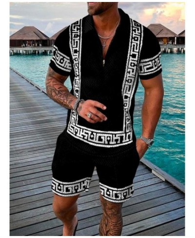 Men's Polo Suit Fashion Men Summer Tracksuit Oversized V-neck Zipper Short Sleeve POLO Shirt+Shorts Casual Two Pieces Sets $4...